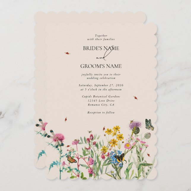 Watercolor Wildflower Garden & Insects Wedding Inv Invitation (Front/Back)