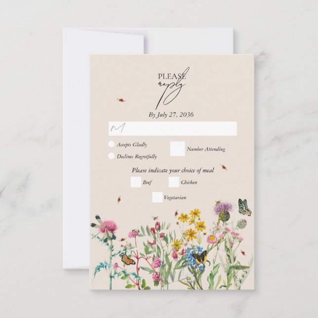 Watercolor Wildflower Garden & Insects Wedding RSVP Card (Front)