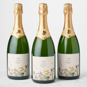 Watercolor Wildflower Garden & Insects Wedding Sparkling Wine Label