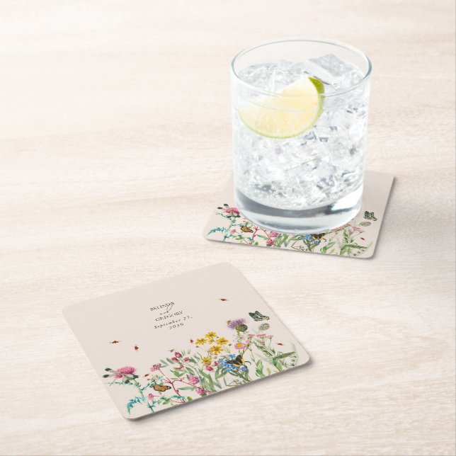 Watercolor Wildflower Garden & Insects Wedding Square Paper Coaster (Insitu)