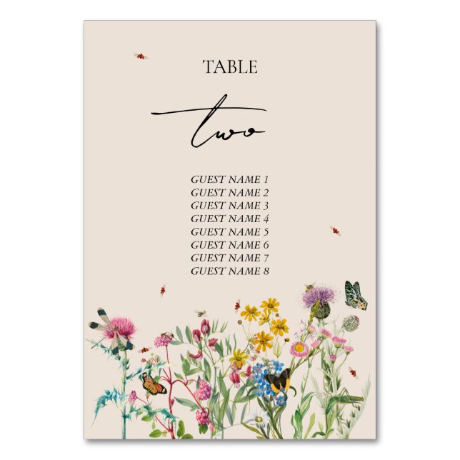 Watercolor Wildflower Garden & Insects Wedding Table Number (Front)