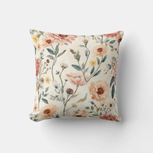 Watercolor Wildflower Garden Peach & Sage Floral Cushion