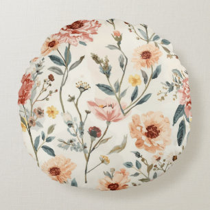Watercolor Wildflower Garden Peach & Sage Floral Round Cushion