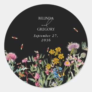 Watercolor Wildflower Garden Wedding Black Boho Classic Round Sticker