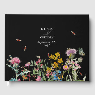 Watercolor Wildflower Garden Wedding Black Boho Guest Book