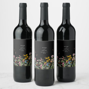 Watercolor Wildflower Garden Wedding Black Boho Wine Label