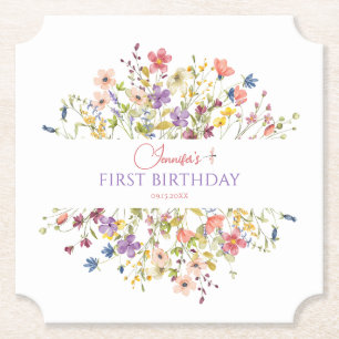 Watercolor Wildflower Girl 1st Birthday Drink Paper Coaster