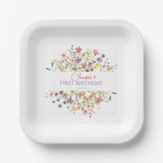 Watercolor Wildflower Girl 1st Birthday Paper Plate