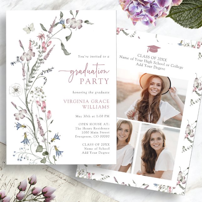 Watercolor Wildflower Graduation Party Invitation (Watercolor Wildflower Graduation Party Invitation Pictures on back by Painted Paperie
)