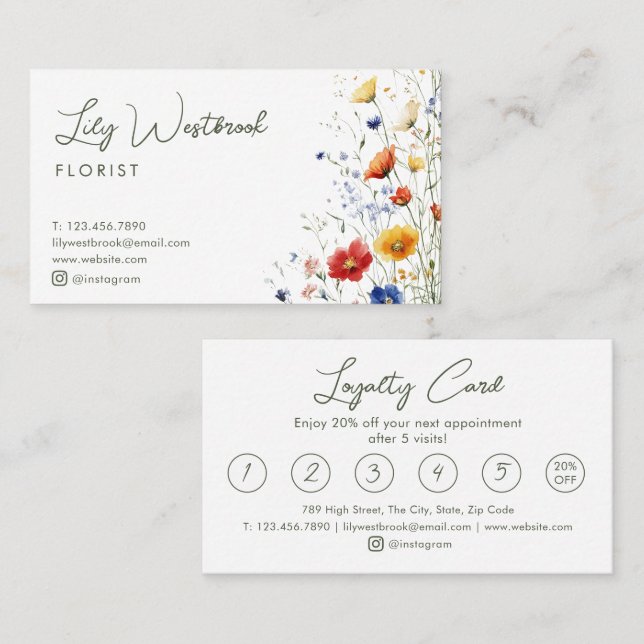 Watercolor Wildflower Green Modern Elegant Script  Loyalty Card (Front/Back)