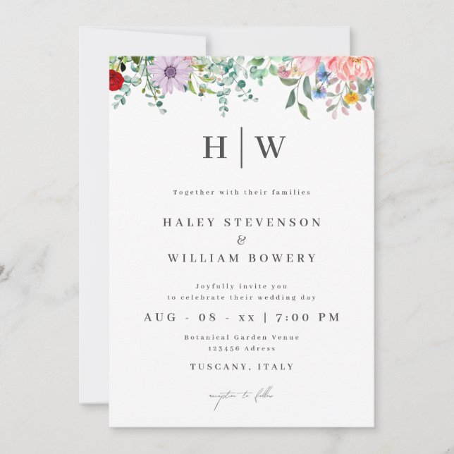Watercolor Wildflower Illustration Wedding Invitation (Front)