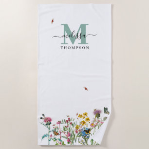 Watercolor Wildflower Insects Floral Spring Garden Beach Towel