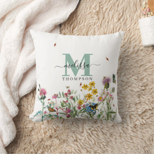 Watercolor Wildflower Insects Floral Spring Garden Cushion