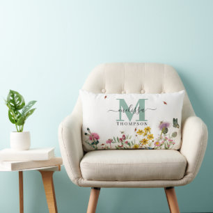 Watercolor Wildflower Insects Floral Spring Garden Lumbar Cushion