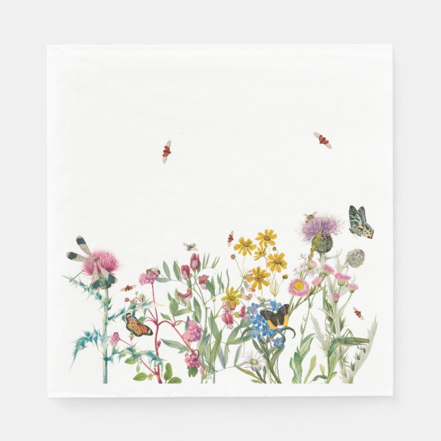 Watercolor Wildflower Insects Floral Spring Garden Napkin (Front)
