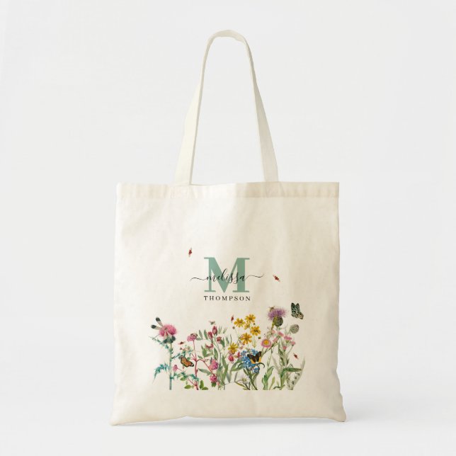Watercolor Wildflower Insects Floral Spring Garden Tote Bag (Front)