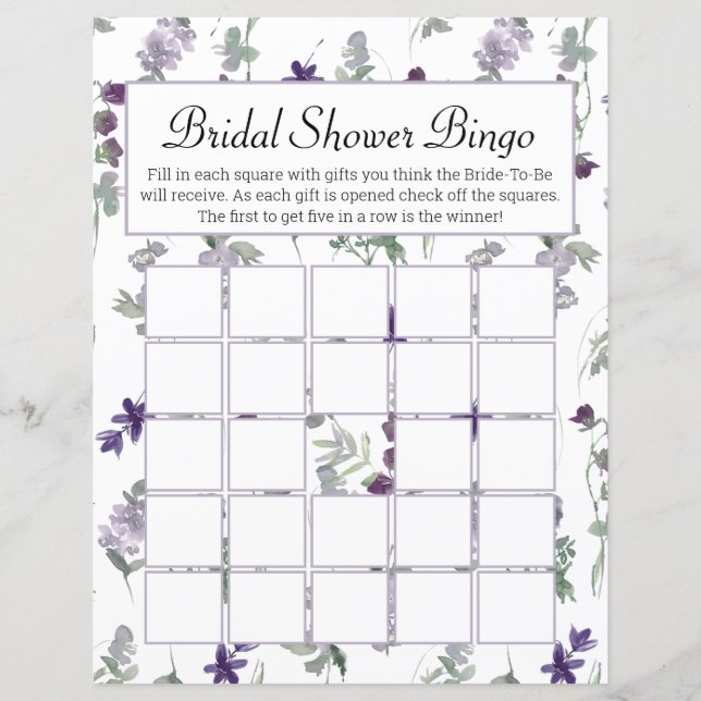 Watercolor Wildflower Lavender Floral Bridal Bingo (Front)