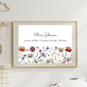 Watercolor Wildflower Meadow Baby Birth Stats Poster