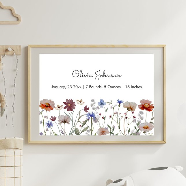 Watercolor Wildflower Meadow Baby Birth Stats  Poster (In situ)