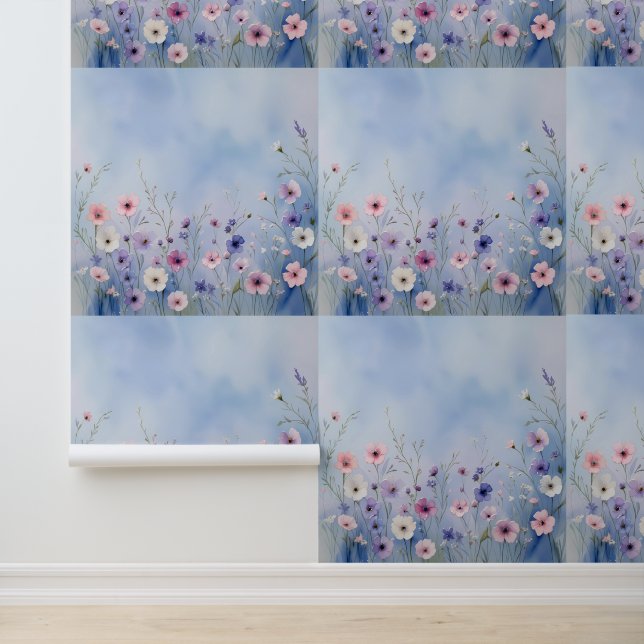 Watercolor Wildflower Meadow Blue Peel and Stick Wallpaper (Application)