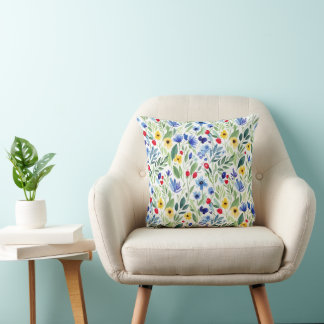 Watercolor Wildflower Meadow Floral Cushion