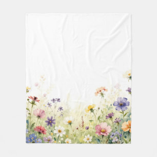 Watercolor Wildflower Meadow Pastel Floral Border Fleece Blanket