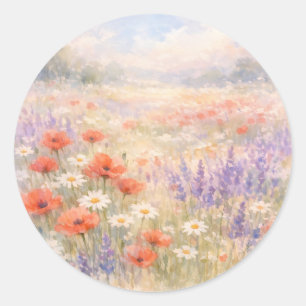 Watercolor Wildflower Meadow Scene Classic Round Sticker