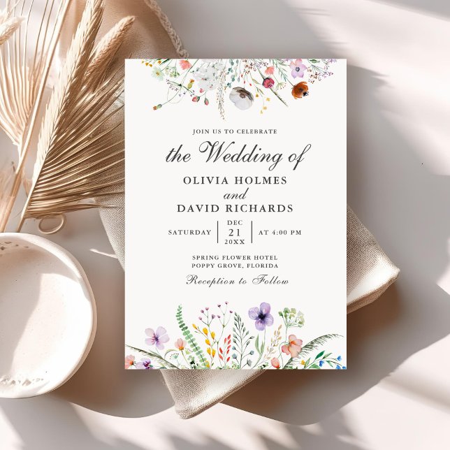 Watercolor Wildflower Meadow Wedding Invitation (Watercolor Wildflower Meadow Wedding Invitation on a neutral boho wedding table.)