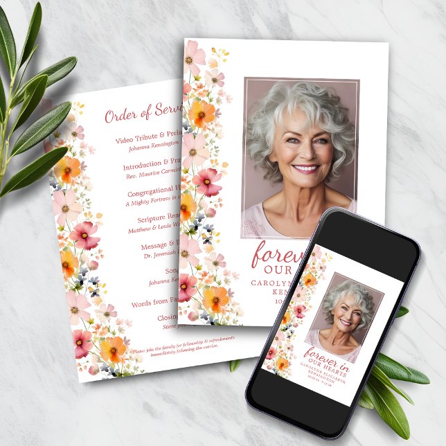 Watercolor Wildflower Memorial Service Program Invitation (Watercolor Wildflower Memorial Service Program)