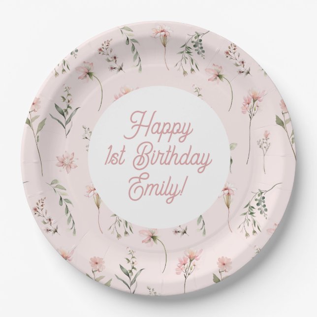 Watercolor Wildflower miss onederland 1st birthday Paper Plate (Front)