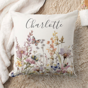 Watercolor Wildflower Monogram Name  Cushion