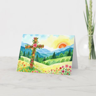 Watercolor Wildflower Mountain Cross Easter Holiday Card