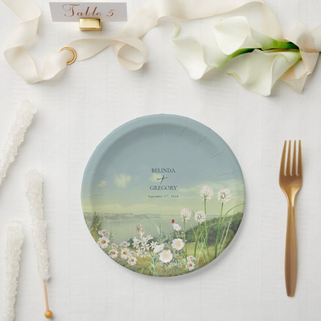 Watercolor Wildflower Mountain Landscape Wedding Paper Plate (Wedding)