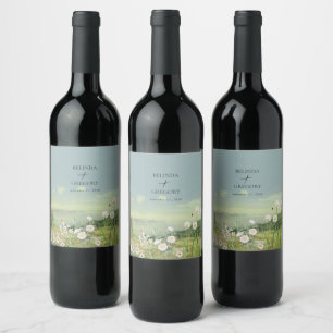 Watercolor Wildflower Mountain Landscape Wedding Wine Label