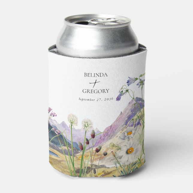 Watercolor Wildflower Mountain Wedding Favour Can Cooler (Can Front)