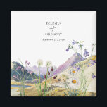 Watercolor Wildflower Mountain Wedding Favour Magnet<br><div class="desc">A beautiful watercolor wildflower and mountain wedding design. A unique design that uses watercolor wildflower botanicals and a watercolor mountain landscape in the background. A modern wild floral design with lakeside mountains and rivers. An elegant wedding magnet favour design with modern elements. Matching wedding invitations and other stationery items are...</div>