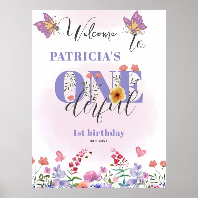 Watercolor Wildflower Onederful Birthday Welcome Poster (Front)