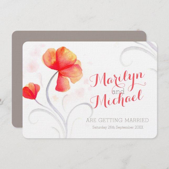 Watercolor wildflower orange wedding invite (Front/Back)