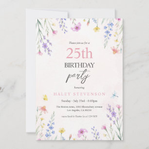 Watercolor Wildflower Pastel Floral 25th Birthday Invitation