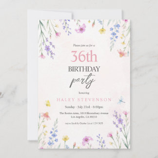 Watercolor Wildflower Pastel Floral 36th Birthday Invitation