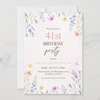 Watercolor Wildflower Pastel Floral 41st Birthday Invitation