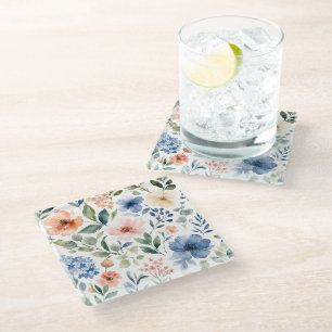 Watercolor Wildflower Pattern Modern Botanical Glass Coaster