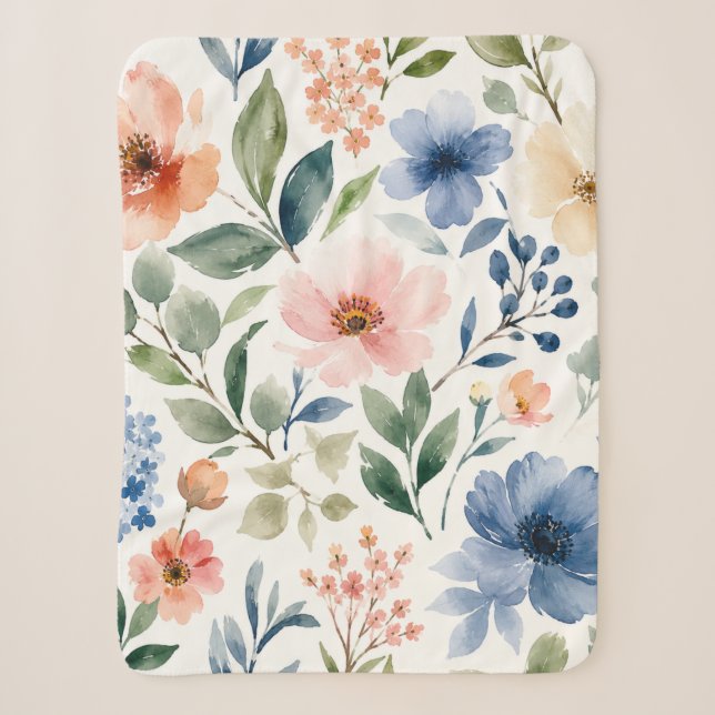 Watercolor Wildflower Pattern Modern Botanical Sherpa Blanket (Front)