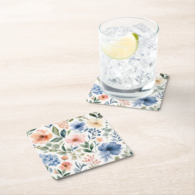 Watercolor Wildflower Pattern Modern Botanical Square Paper Coaster (Insitu)