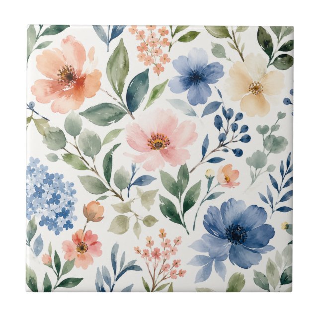 Watercolor Wildflower Pattern Modern Botanical Tile (Front)
