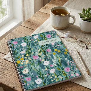 Watercolor Wildflower Personalised Sketchbook Teal Notebook