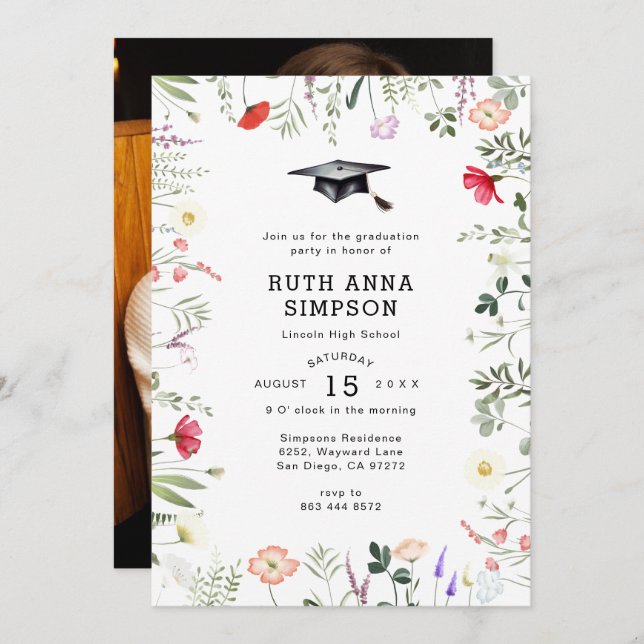 Watercolor Wildflower Photo Graduation Invitation (Front/Back)