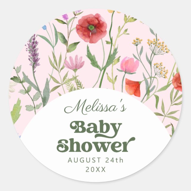 Watercolor Wildflower Pink Baby Shower  Classic Round Sticker (Front)