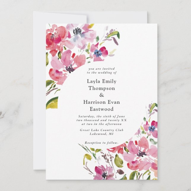 Watercolor Wildflower pink blooms Wedding Invitation (Front)
