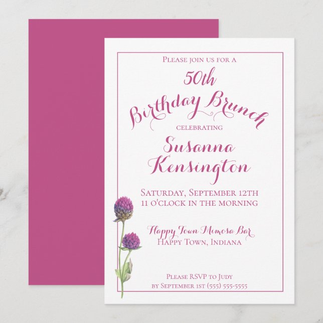 Watercolor Wildflower Pink Floral Birthday Brunch Invitation (Front/Back)